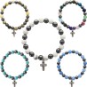 Bracelet sur elastique en hematite et pierre naturelle ou synthetique Ø 7 mm avec croix..