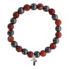 Bracelet sur elastique en hematite et pierre naturelle ou synthetique Ø 7 mm avec croix..