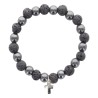 Bracelet sur elastique en hematite et pierre naturelle ou synthetique Ø 7 mm avec croix..