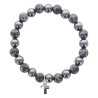 Bracelet sur elastique en hematite et pierre naturelle ou synthetique Ø 7 mm avec croix..