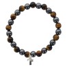 Bracelet sur elastique en hematite et pierre naturelle ou synthetique Ø 7 mm avec croix..