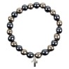 Bracelet sur elastique en hematite et pierre naturelle ou synthetique Ø 7 mm avec croix..