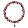 Bracelet sur elastique en hematite et pierre naturelle ou synthetique Ø 7 mm avec croix..