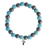 Bracelet sur elastique en hematite et pierre naturelle ou synthetique Ø 7 mm avec croix..