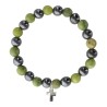 Bracelet sur elastique en hematite et pierre naturelle ou synthetique Ø 7 mm avec croix..