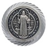 Plaque auto en aluminium, Ø 3,5 cm, avec bordure striée et plaque en métal argentée. Disponible avec plusieurs saints au choix..