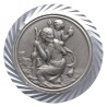 Plaque auto en aluminium, Ø 3,5 cm, avec bordure striée et plaque en métal argentée. Disponible avec plusieurs saints au choix..