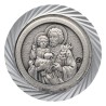 Plaque auto en aluminium, Ø 3,5 cm, avec bordure striée et plaque en métal argentée. Disponible avec plusieurs saints au choix..