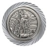 Plaque auto en aluminium, Ø 3,5 cm, avec bordure striée et plaque en métal argentée. Disponible avec plusieurs saints au choix..