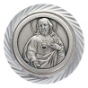 Plaque auto en aluminium, Ø 3,5 cm, avec bordure striée et plaque en métal argentée. Disponible avec plusieurs saints au choix..