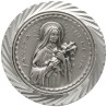 Plaque auto en aluminium, Ø 3,5 cm, avec bordure striée et plaque en métal argentée. Disponible avec plusieurs saints au choix..