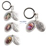 Porte-clés médaille de saint Benoit en métal couleur argentée ouvrant H. 4,5 cm double résine.