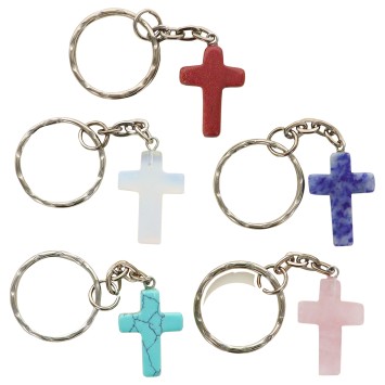 Porte-clés H. 2,3 cm imitation pierre en forme de croix couleur assortie - LOT DE 5 ASSORTIS..