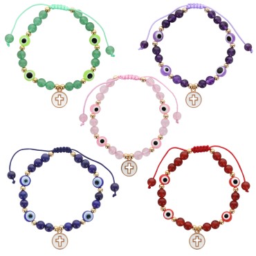 Bracelet sur corde réglable grains en pierre naturelle Ø 6 mm avec une médaille et croix ajouree. LOT DE 5 ASSORTIS...