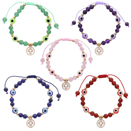 Bracelet sur corde réglable grains en pierre naturelle Ø 6 mm avec une médaille et croix ajouree. LOT DE 5 ASSORTIS...