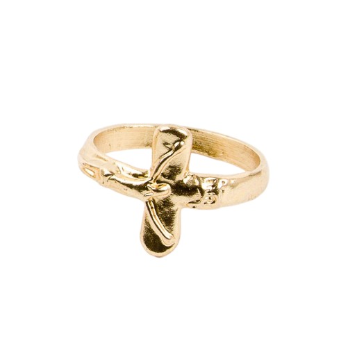 Bague couleur dorée, plusieurs tailles, avec croix en relief – Largeur de la croix : 1,7 cm.