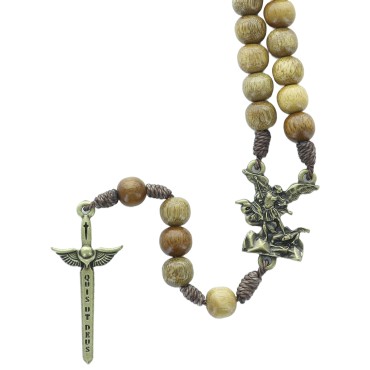 Chapelet de saint Michel, grains en bois Ø8 mm, longueur jusqu’au cœur : 26,5 cm, croix avec épée de saint Michel...