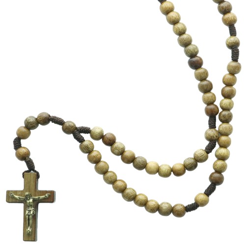 Chapelet sur corde, grains ronds Ø6 mm, longueur jusqu’au cœur : 18 cm, croix en bois avec Christ...