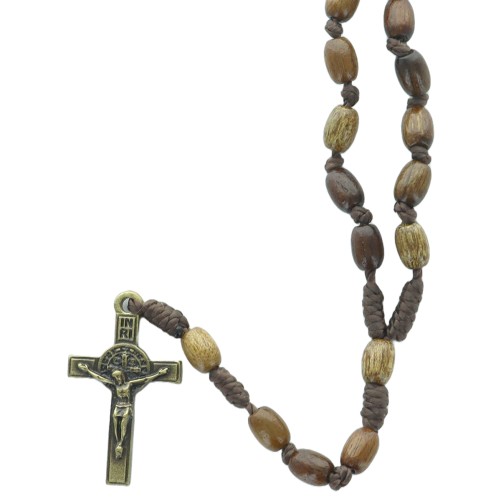 Chapelet sur corde, grains ovales Ø5/7 mm, longueur jusqu’au cœur : 28 cm, croix en métal avec Christ...