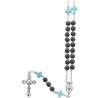 COLLIER grains pierre de lave sur câble Ø 8 mm et pater croix imitation turquoise, croix et cœur en métal..