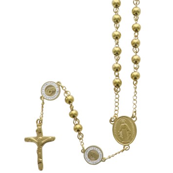 Chapelet en acier inoxydable, grains Ø 5 mm, pater Ø 1,2 cm avec vierge et strass. livré en boite..