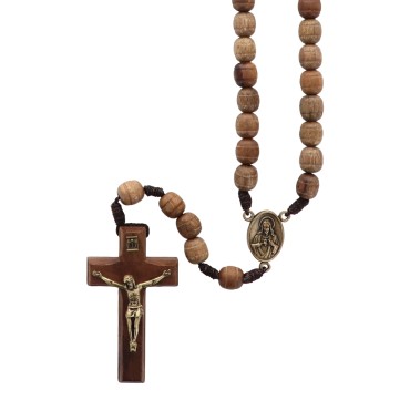 Chapelet sur corde, grains striés Ø9/10 mm, longueur jusqu’au cœur : 31 cm, croix en bois avec Christ...
