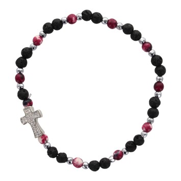 Bracelet sur élastique, grains ronds Ø 4 mm, pierre de lave naturelle & pierre synthétique, croix avec strass. Lot 5 assortis.