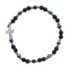 Bracelet sur élastique, grains ronds Ø 4 mm, pierre de lave naturelle & pierre synthétique, croix avec strass. Lot 5 assortis.