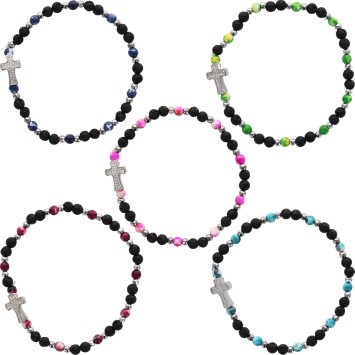 Bracelet sur élastique, grains ronds Ø 4 mm, pierre de lave naturelle & pierre synthétique, croix avec strass. Lot 5 assortis.