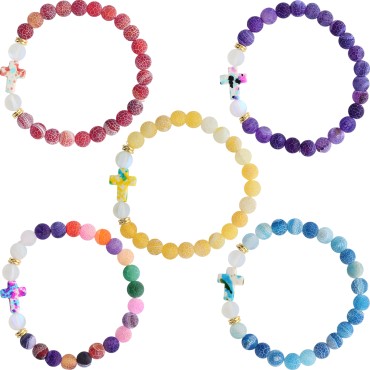 Bracelet sur élastique grains givres en pierre de lune synthétique et agate naturelle Ø 8 mm avec croix LOT DE 5....