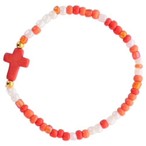 Bracelet enfant sur élastique grains en turquoise synthétique et en verre Ø 4 mm, avec croix. LOT DE 6 ASSORTIS.....