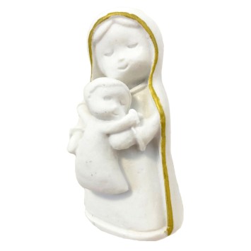 Statue blanche résine et poudre de marbre de la Vierge a l´enfant avec filet doré, H. 6,5 cm. Livrée en boite....
