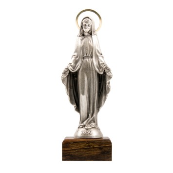 Statue en métal sur socle bois de la Vierge Miraculeuse, Hauteur 11 cm....