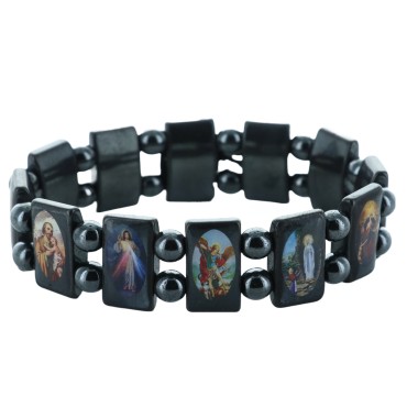 Bracelet sur elastique des saints, images vernies, grains en hematite forme rectangle, hauteur 1,8 cm.