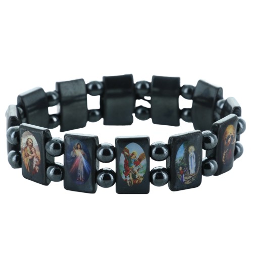 Bracelet sur elastique des saints, images vernies, grains en hematite forme rectangle, hauteur 1,8 cm.