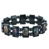Bracelet sur elastique des saints, images vernies, grains en hematite forme rectangle, hauteur 1,8 cm.