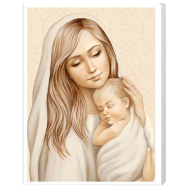 Cadre avec image Vierge a l enfant de face effet brillant et relief sur bois laque blanc H. 9 x 12 cm.