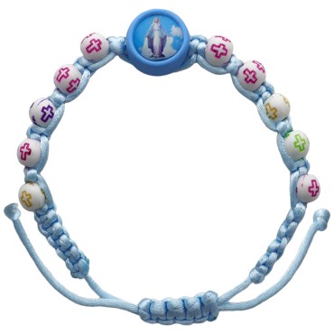 Bracelet dizainier pour enfant sur corde bleue ou rose, grains de Ø 5 mm avec croix + résine de la V. Miraculeuse