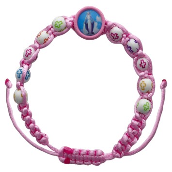 Bracelet dizainier pour enfant sur corde bleue ou rose, grains de Ø 5 mm avec croix + résine de la V. Miraculeuse