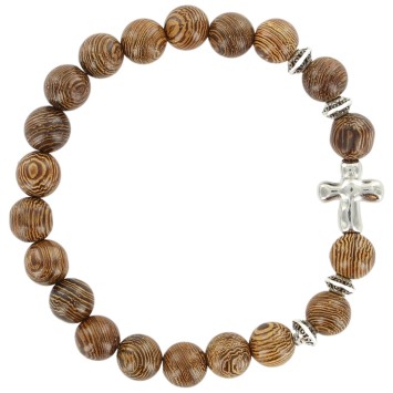 Bracelet sur élastique grains en bois marron Ø 7 mm avec croix métal.