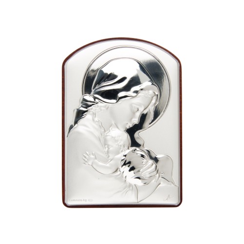 Support bois arrondi à poser H 9x6 cm, sujet sur plaque argent laminée.