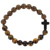 Bracelet sur élastique grains bois et pierre assortie Ø 8 mm avec croix, LOT DE 5 ASSORTIS