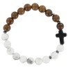 Bracelet sur élastique grains bois et pierre assortie Ø 8 mm avec croix, LOT DE 5 ASSORTIS