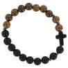 Bracelet sur élastique grains bois et pierre assortie Ø 8 mm avec croix, LOT DE 5 ASSORTIS