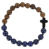 Bracelet sur élastique grains bois et pierre assortie Ø 8 mm avec croix, LOT DE 5 ASSORTIS