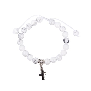 Bracelet sur corde reglable en pierre naturelle ou synthetique Ø 8 mm avec croix metal.