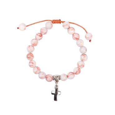 Bracelet sur corde reglable en pierre naturelle ou synthetique Ø 8 mm avec croix metal.