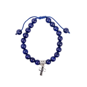Bracelet sur corde reglable en pierre naturelle ou synthetique Ø 8 mm avec croix metal.
