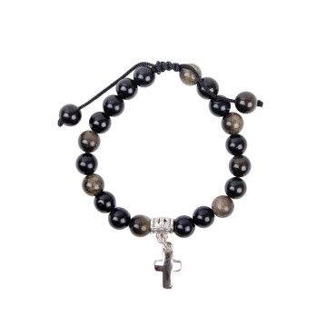 Bracelet sur corde reglable en pierre naturelle ou synthetique Ø 8 mm avec croix metal.
