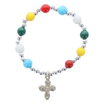 Bracelet dizainier sur élastique pour enfant avec grains saturne multicolore Ø 6 mm avec croix métal ou médaille